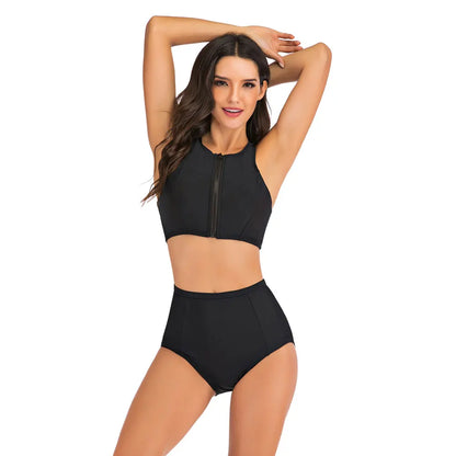 Womens Zip Front High Cut High Waist Bikini Set Racerback Sport Two Piece Swimsuits Bathing Suit Tummy Control Swimwear