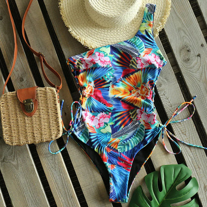 One Piece Swimsuit One Shoulder Bandage Swimsuits Printed Swimwear Women Backless Bathing Suit Beachwear Monokini Swim