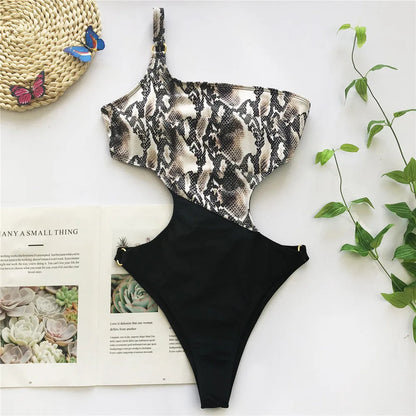 One Shoulder Swimwear Women One Piece Swimsuit Female Snake Print Monokini High Waist Bathing Suit Swim