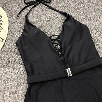 Lace Up Halter Female Swimwear One Piece Swimsuit Women Backless Monokini with Waist Belt Bathing Suit Swim Bodysuit