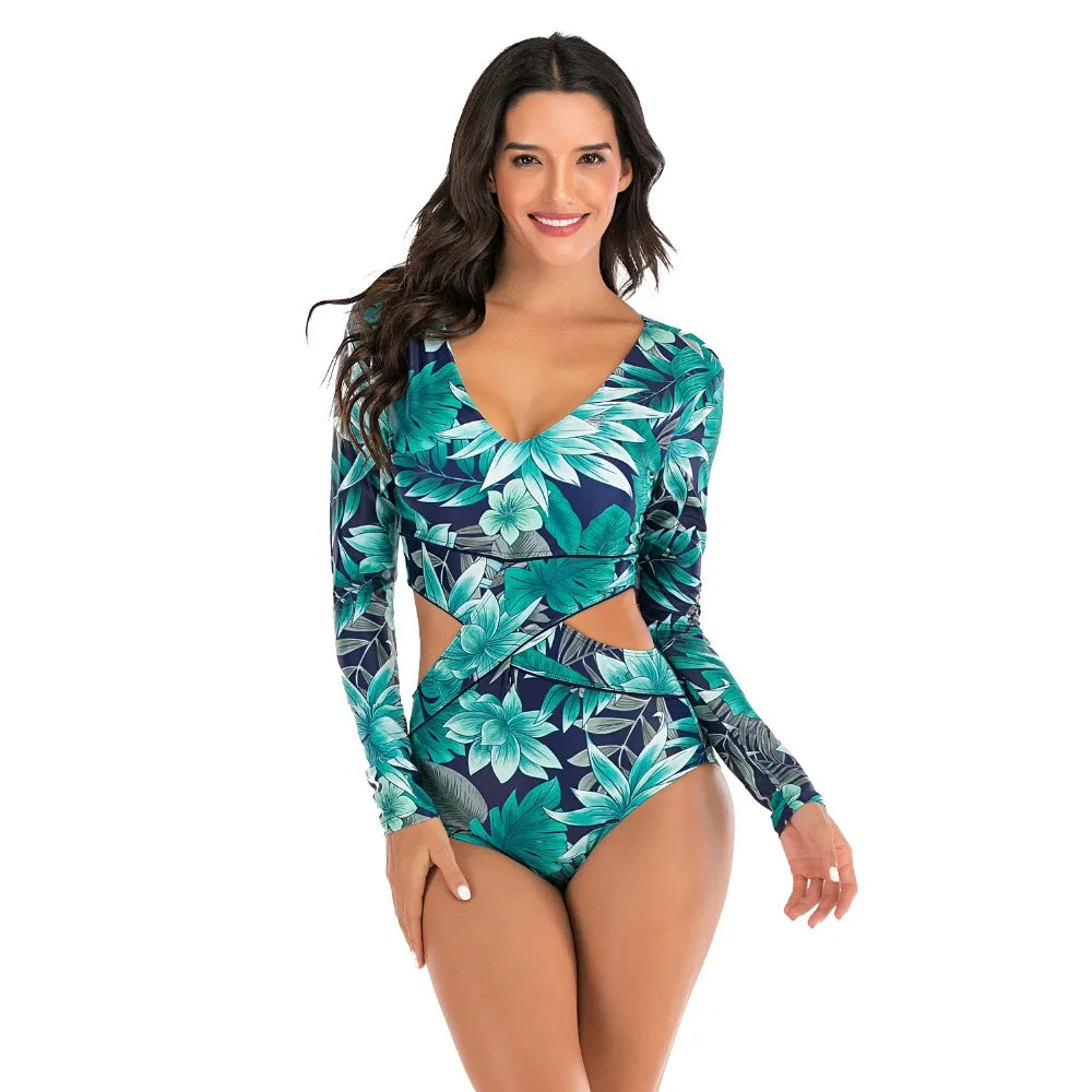 Female One-piece Wetsuit Long Sleeve Swimsuit Surfing Swimwear Women Jumpsuit Zip Front Swimsuit Diving Snorkeling Rash guard 2XL