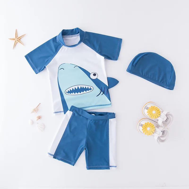 Boys' Cartoon Rash Guard Swim Set with Shorts & Hat