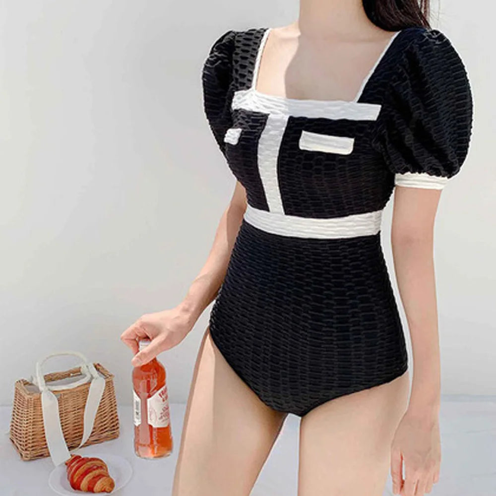 White Swimwear Women One Piece Swimsuit Female Korean Short Sleeve Bathing Suit High Waist Hollow Monokini
