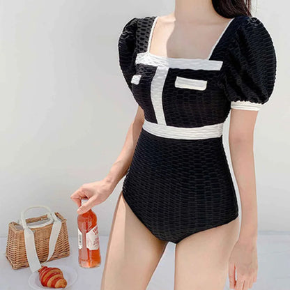 White Swimwear Women One Piece Swimsuit Female Korean Short Sleeve Bathing Suit High Waist Hollow Monokini