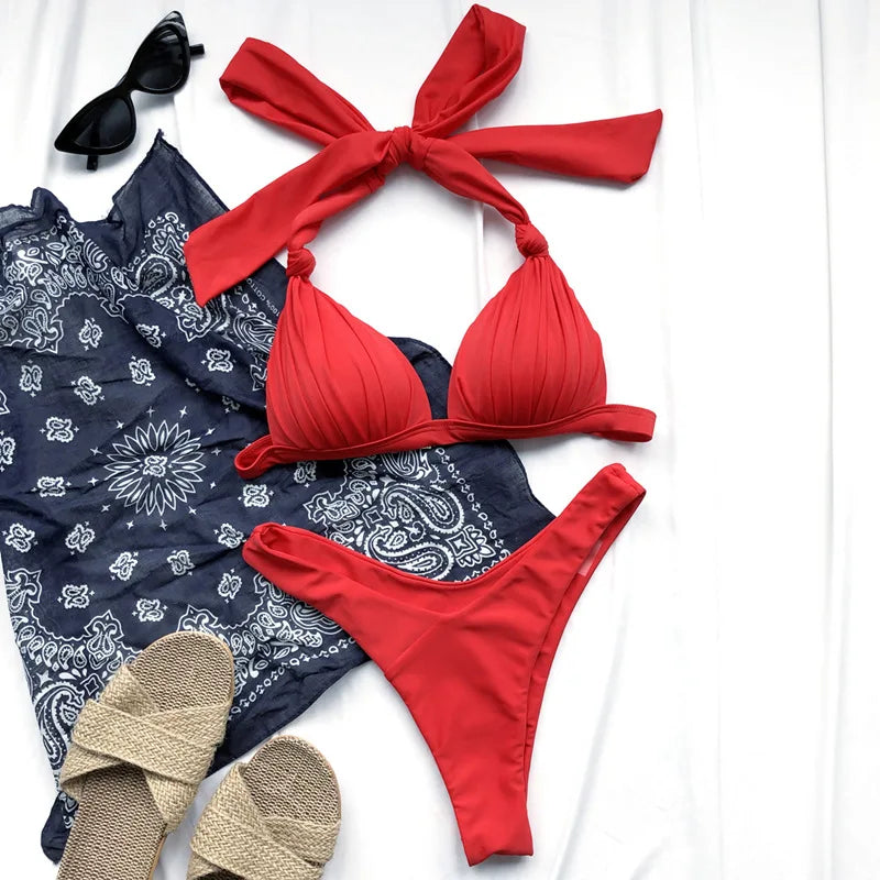 Halter Bra Cup Bikini Swimsuit Female White Swimwear Women Push up Bikini set Brazilian Bathing Suit Bandeau Swim suit