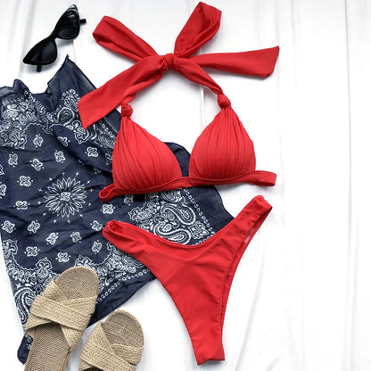 Halter Bra Cup Bikini Swimsuit Female White Swimwear Women Push up Bikini set Brazilian Bathing Suit Bandeau Swim suit