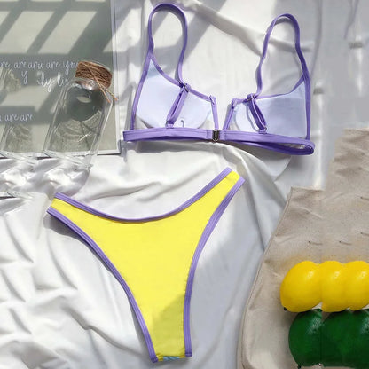 Splicing Denim V Shaped Thong Bikini Women Swimsuit Female Swimwear Two Pieces Bikini Set Bather Push Up Bathing Suit Swim Lady