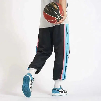 Harajuku Fashion Sports Men Pants Daily Outdoor Basketball Sweatpants Hollow Out Side Stripe Button Fly Design Creative Trousers