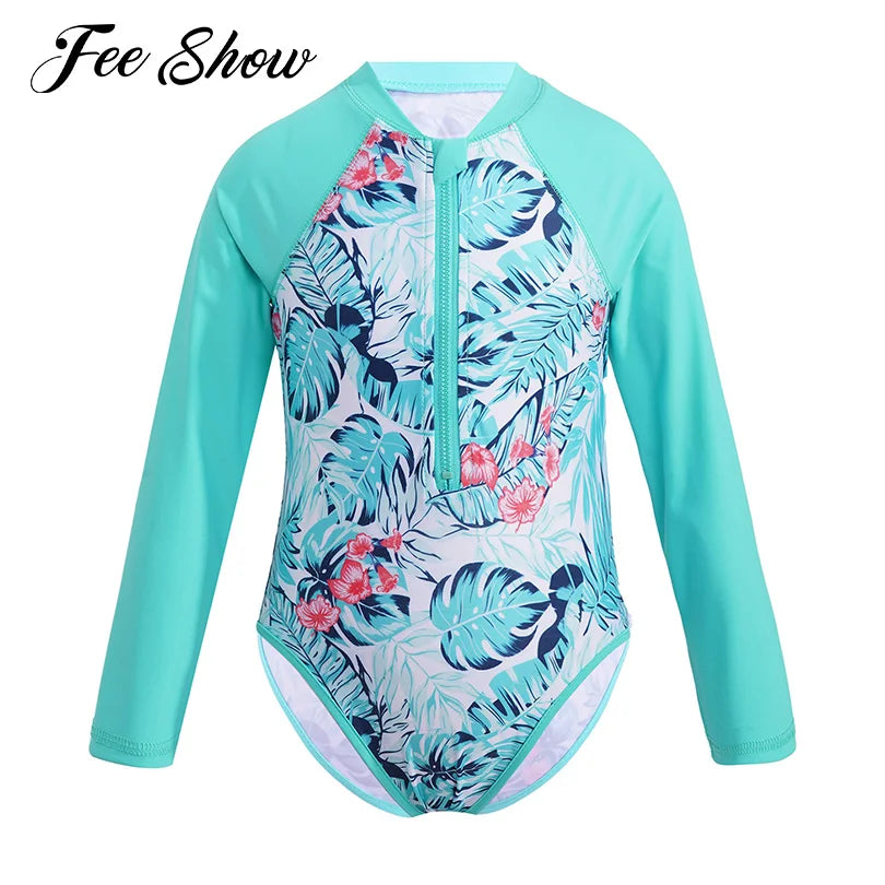 Kids Girls One-piece Swim Suits Brazilian Beachwear Long Sleeves Palm Printed Zippered Swimsuit Swimwear Bathing Suit Rash Guard