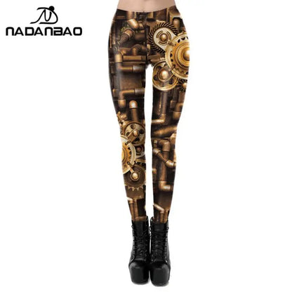 NADANBAO Gold Metal Gear Punk Leggings Women Fashion Steampunk Machinery