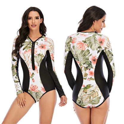 Women 2XL Diving Rashguard Long Sleeve UV Sun Protection Swimsuit Zipper Swimwear Printed Surfing Suit Rash Guards Bathing Suit