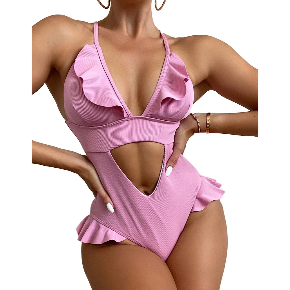 Ruffle One Piece Swimsuit Deep V Hollow Swimwear Women Backless Monokini Solid Bathing Suit Beachwear