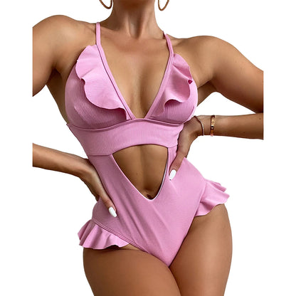 Ruffle One Piece Swimsuit Deep V Hollow Swimwear Women Backless Monokini Solid Bathing Suit Beachwear