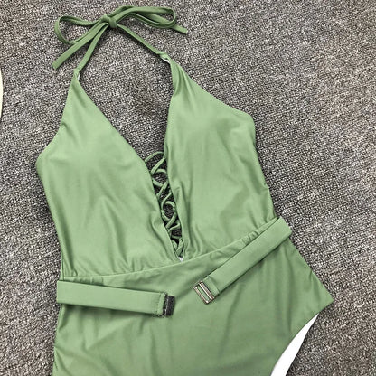 Lace Up Halter Female Swimwear One Piece Swimsuit Women Backless Monokini with Waist Belt Bathing Suit Swim Bodysuit