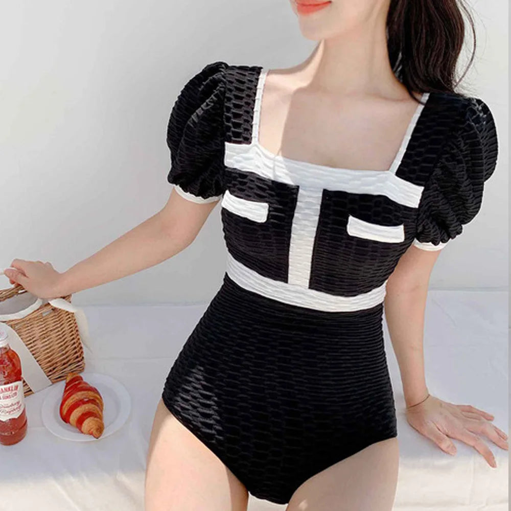 White Swimwear Women One Piece Swimsuit Female Korean Short Sleeve Bathing Suit High Waist Hollow Monokini