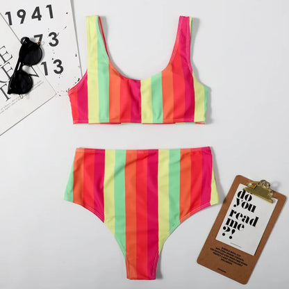 Striped Swimwear Women Push Up High Waist Bikini Halter Bikini Set Hollow Out Print Bathing Suit Two Piece Swimsuit
