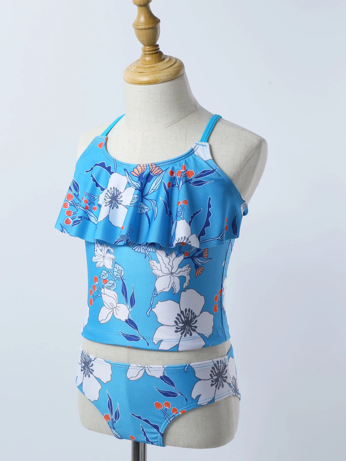 Kids Girls Swimwear Ruffle Neck Floral Pattern Tankini Swimsuit Swimwear Bathing Suit Set Tops with Bottoms Beach Bathing Suit
