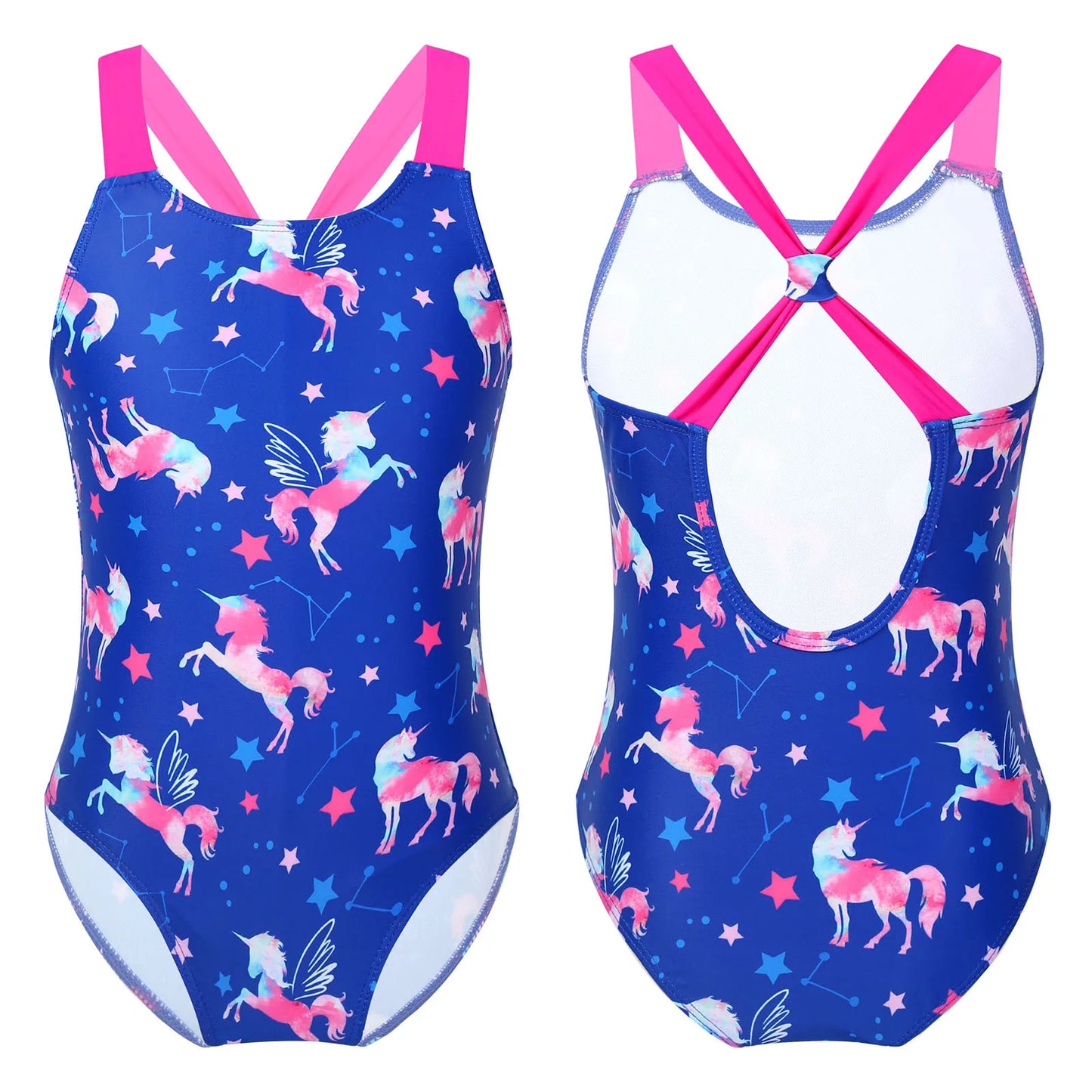 Girls Printed Swimsuit One-Piece Sleeveless Wide Shoulder Straps Sapphire for with Horse And Stars Pattern Printing