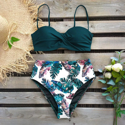 Leaf Print Bikini Female Swimsuit Women Swimwear Thong Push Up Bikinis Set High Waist Swimming Suits for Bathing Suit