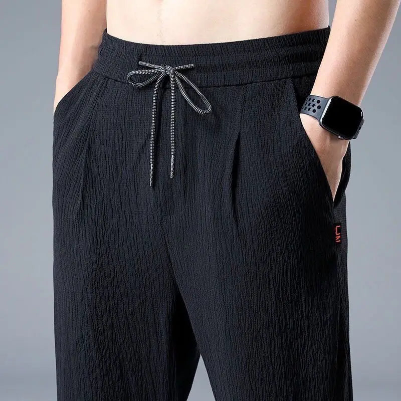 Ice Silk Linen Man Sport Pants Casual Wide Summer Sweatpants Male Drawstring Spring Autumn Lightweight Halking Harem Trousers