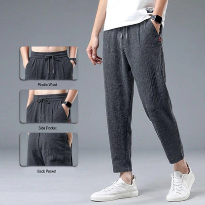 Ice Silk Linen Man Sport Pants Casual Wide Summer Sweatpants Male Drawstring Spring Autumn Lightweight Halking Harem Trousers