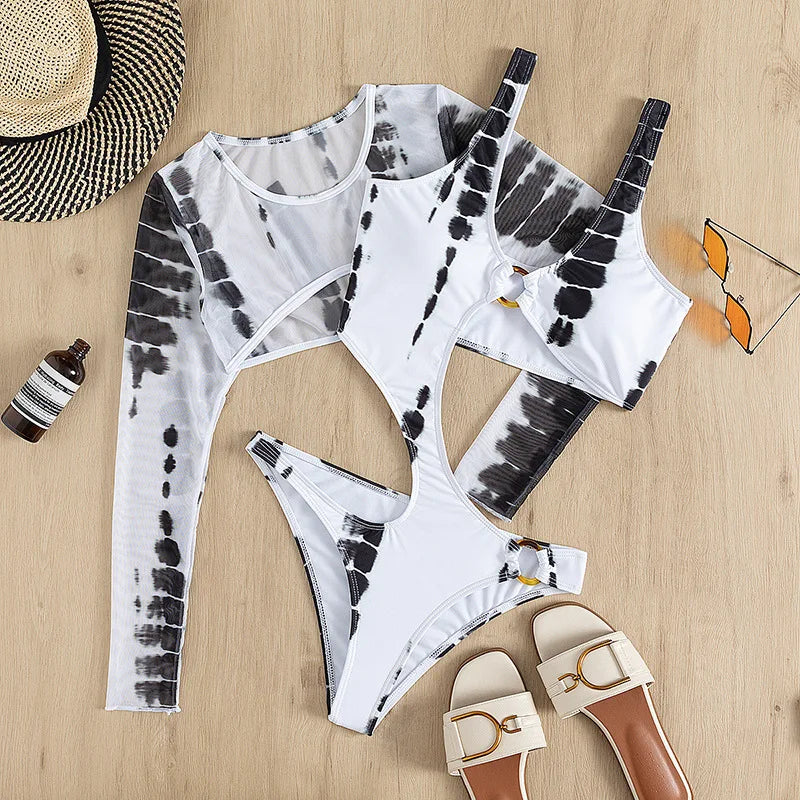 High Cut Out Female Swimwear One Piece Swimsuit Women Monokini Mesh Long Sleeve Beach Cover Up Bathing Suit Swim Bodysuit