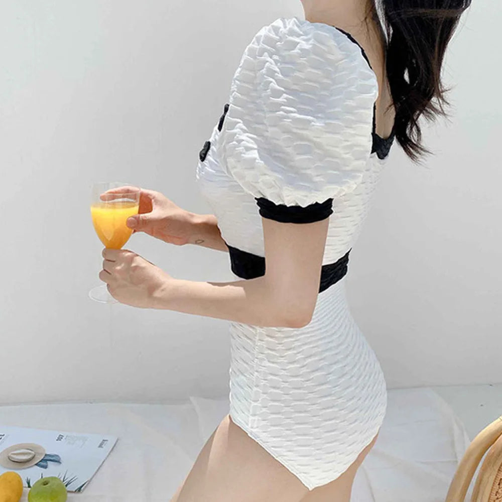 White Swimwear Women One Piece Swimsuit Female Korean Short Sleeve Bathing Suit High Waist Hollow Monokini