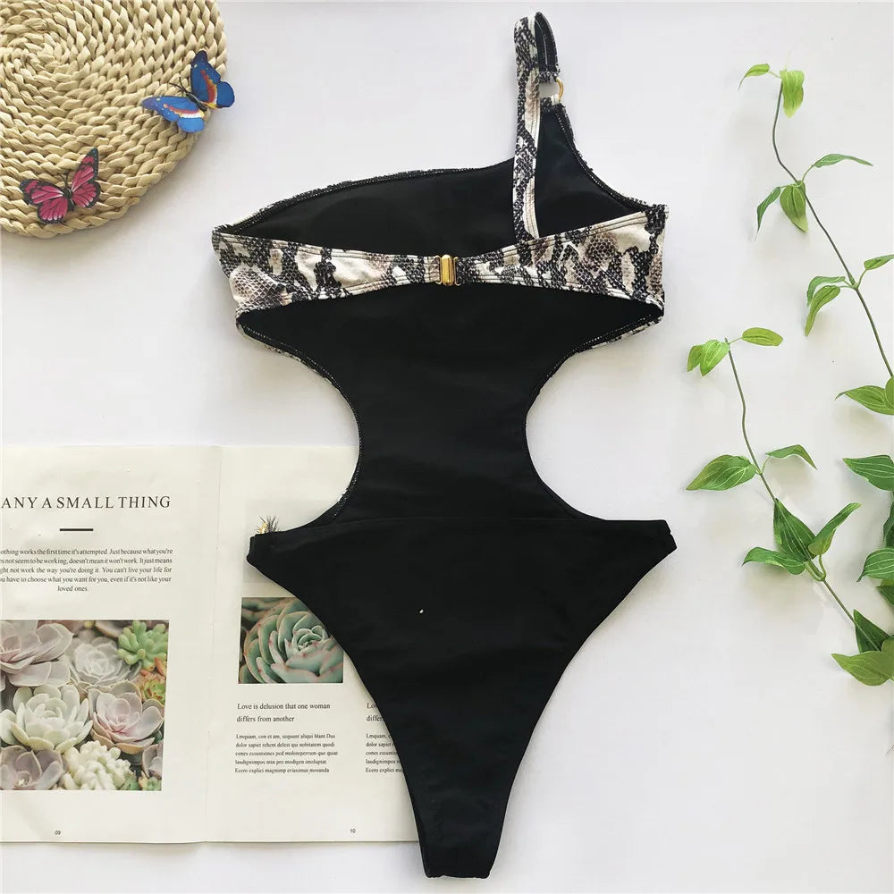One Shoulder Swimwear Women One Piece Swimsuit Female Snake Print Monokini High Waist Bathing Suit Swim
