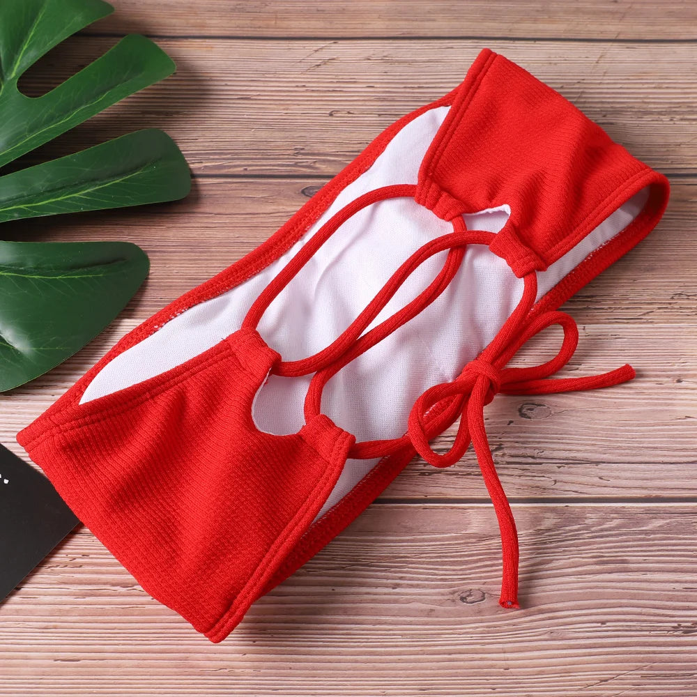 Bikini Women Swimwear High Waist Strapless Bikini Pure Color Women Swimsuit Padded Bathing Suit
