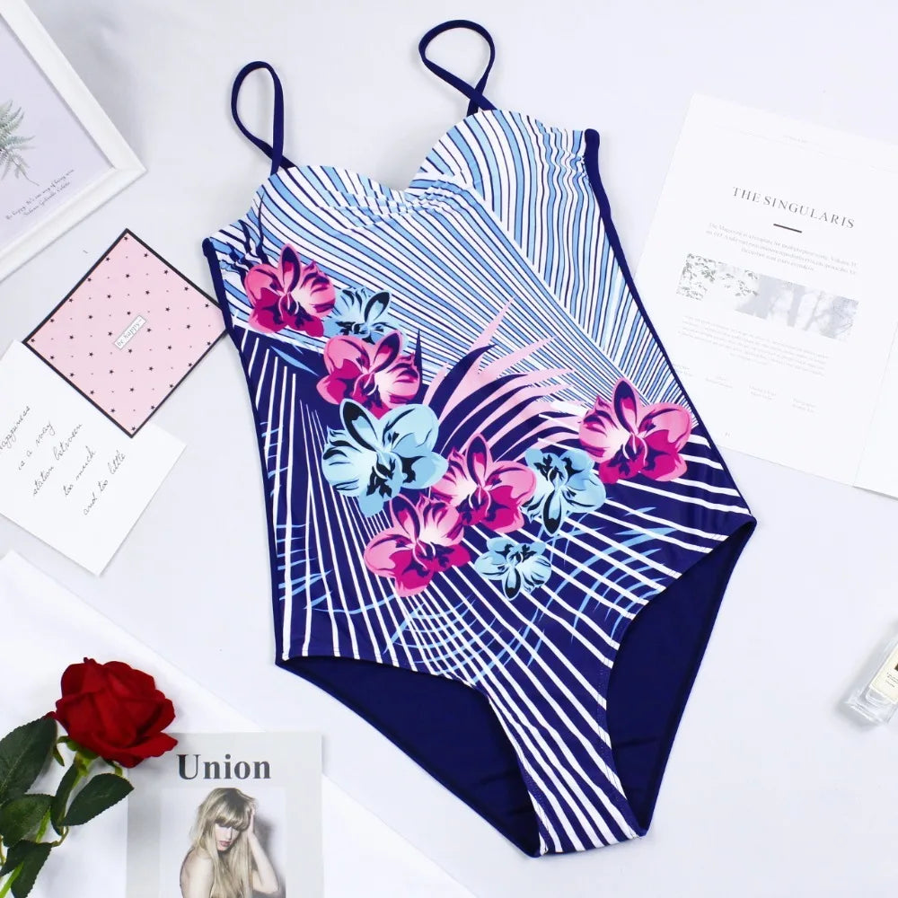 One Piece Swimsuit Closed Large Size Print Swimwear Women Flower Push Up Swimsuits Body Female Beach Bathing Suit XXL