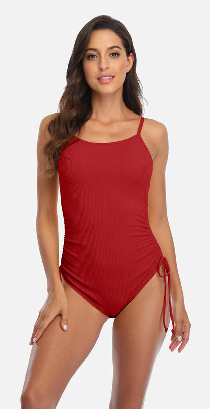 Anfilia Women's Ribbed One Piece Swimsuits Tie Side High Cut Bathing Suits Padded Monokinis Swimwear