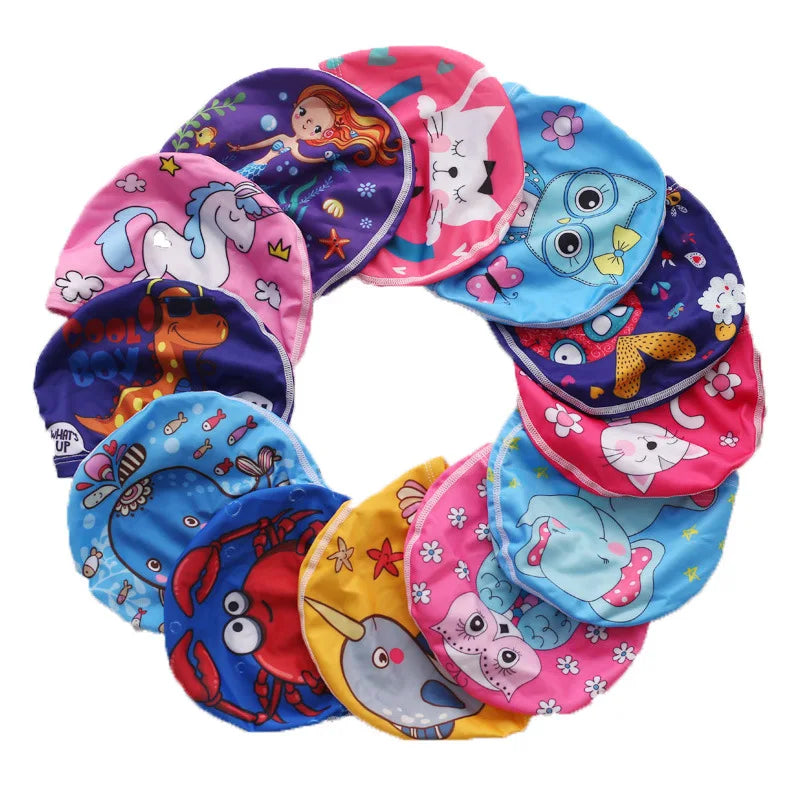 Children Cartoon Swimming Cap Kids Elastic Fabric Swimming Pool Water Sport Protect Ears Hat Swim Bathing Hats Caps Boys Girls