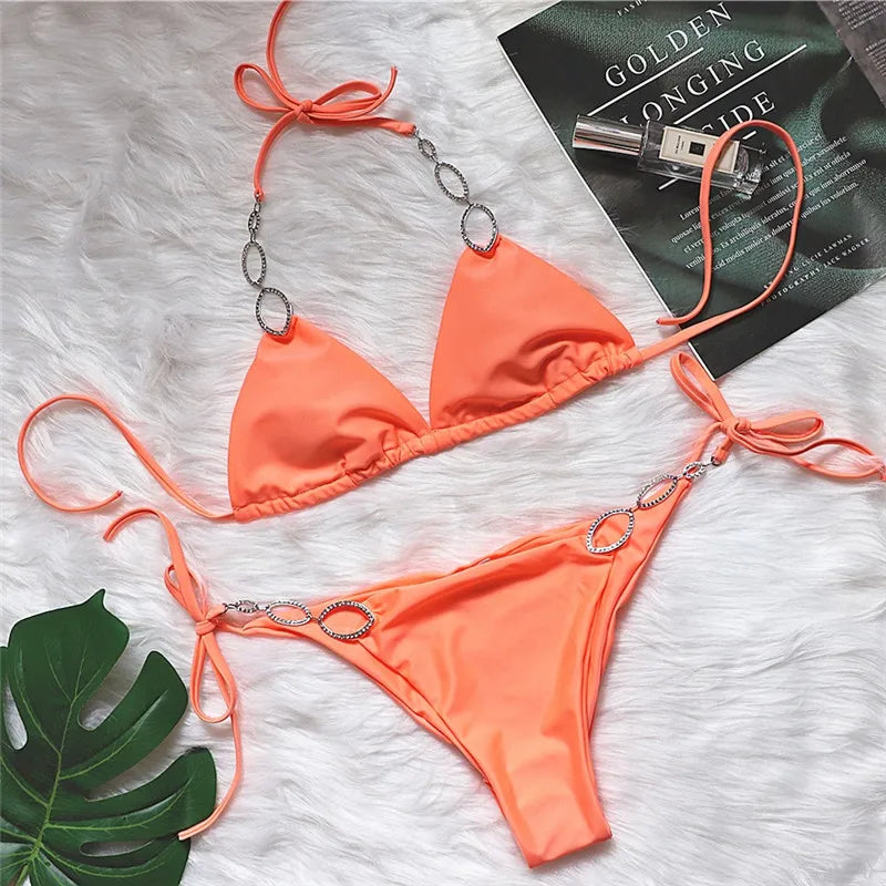 Halter Diamond Bikini Women Swimsuit Female Metal Chains Swimwear Two Pieces Bikini set Brazilian Bather Bathing Suit Swim