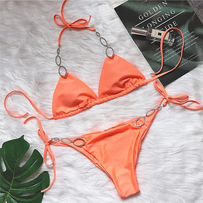 Halter Diamond Bikini Women Swimsuit Female Metal Chains Swimwear Two Pieces Bikini set Brazilian Bather Bathing Suit Swim