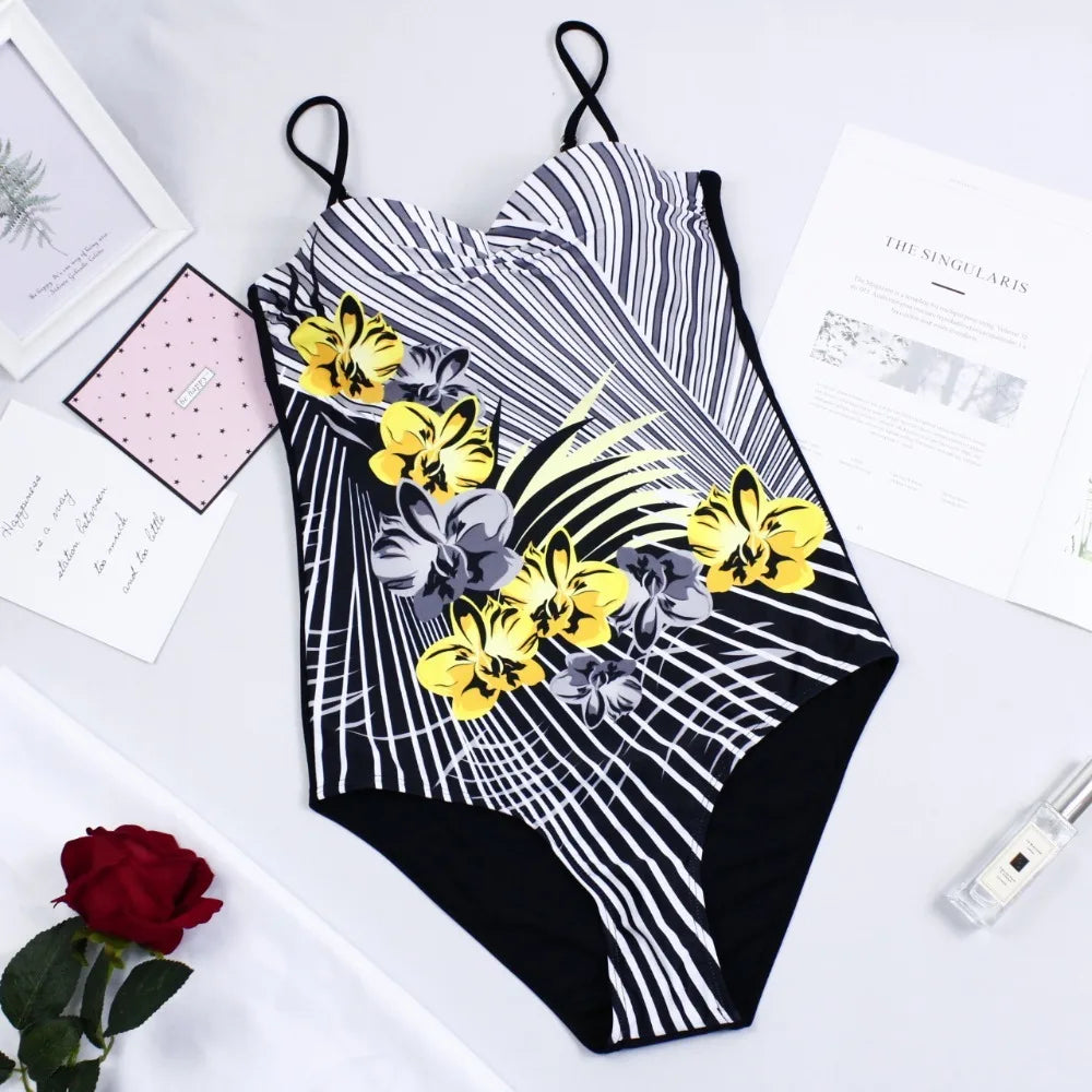 One Piece Swimsuit Closed Large Size Print Swimwear Women Flower Push Up Swimsuits Body Female Beach Bathing Suit XXL