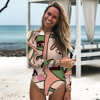 Surfing Sport Long Sleeves Swimsuit For Women Floral Printed High Quality Swimwear Patchwork Bathing Suit Tropical Summer