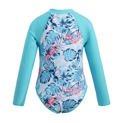 Summer Swimming One-piece Kids Girls Swimsuit Rash Guard Long Sleeves Palm Printed Zippered Bathing Suit Swimwear Beach Wear