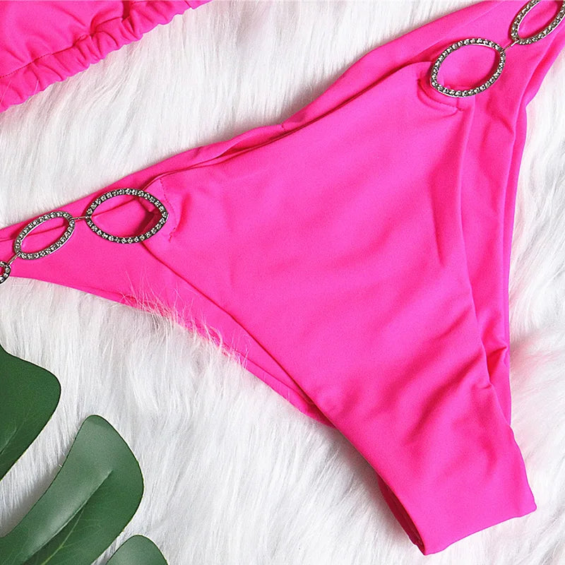 Halter Diamond Bikini Women Swimsuit Female Metal Chains Swimwear Two Pieces Bikini set Brazilian Bather Bathing Suit Swim