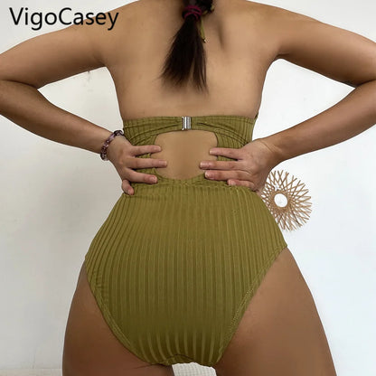 Solid Halter Swimwear Women Push UP Cross Hollow One Piece Swimsuit Monokini High Waist Cut Bathing Suit