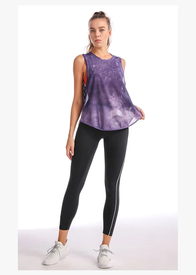 Women Sport Vest Loose Thin Mesh Yoga Shirt Running Fitness Sleeveless T-shirt Quick Dry Forked Tank Tops Gym Workout Tee Blouse