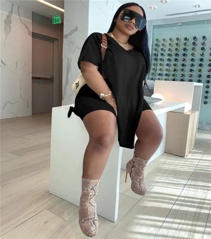 Plus Size Women Clothing Two Piece Set 4xl Summer Slip HemTop Shorts Suit Casual Tracksuit Streetwear