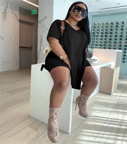 Plus Size Women Clothing Two Piece Set 4xl Summer Slip HemTop Shorts Suit Casual Tracksuit Streetwear