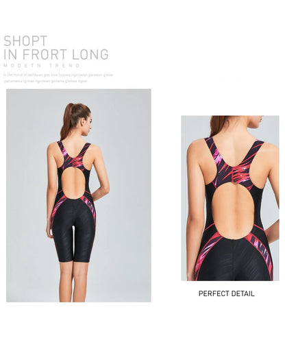 Quick Dry Swimwear Professional Knee Length Round Neck Swimsuit Women One Piece Sport Bathing Suit Rashguard Surf