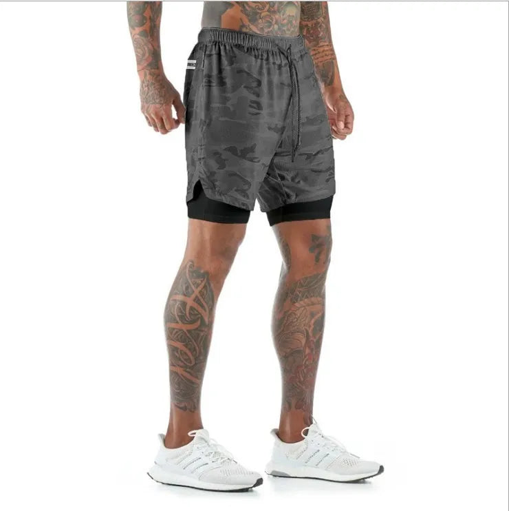 European Men's Sports Summer Double Layer Mobile Phone Pants Gym Exercise Jogging Training Shorts