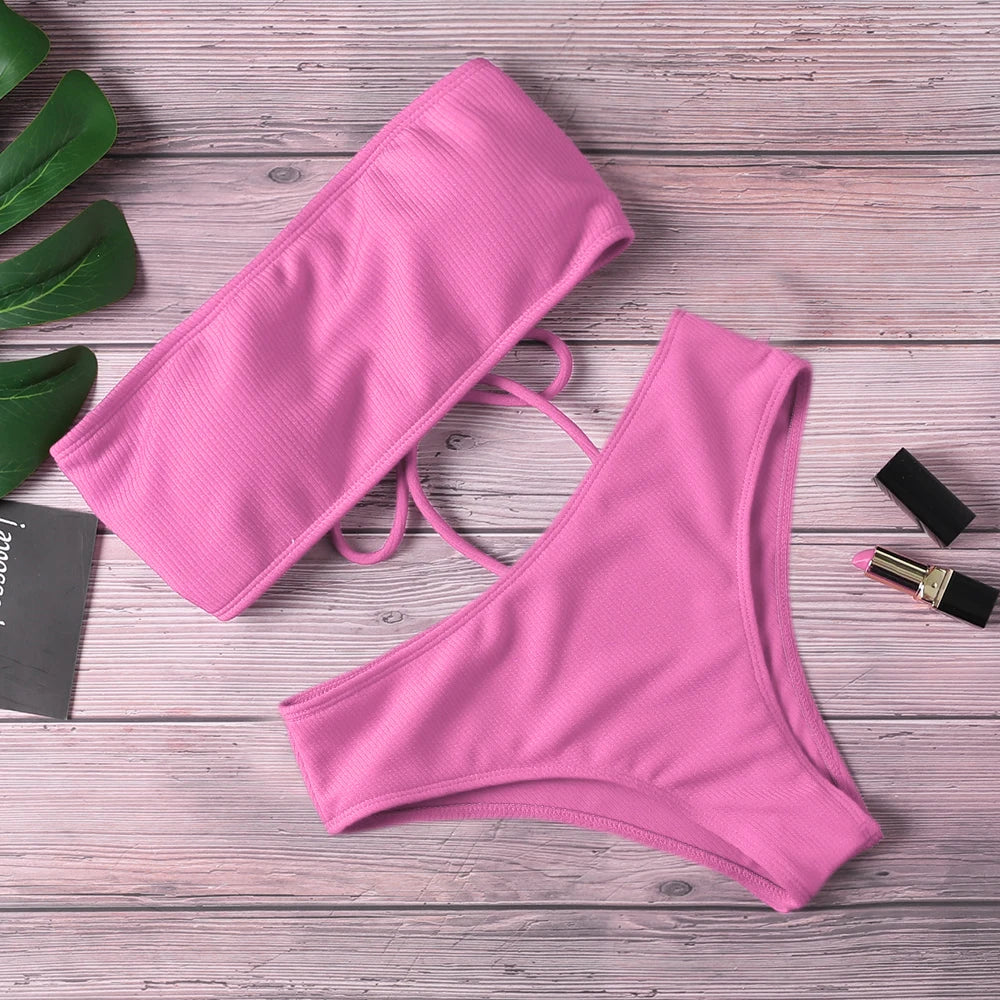Bikini Women Swimwear High Waist Strapless Bikini Pure Color Women Swimsuit Padded Bathing Suit