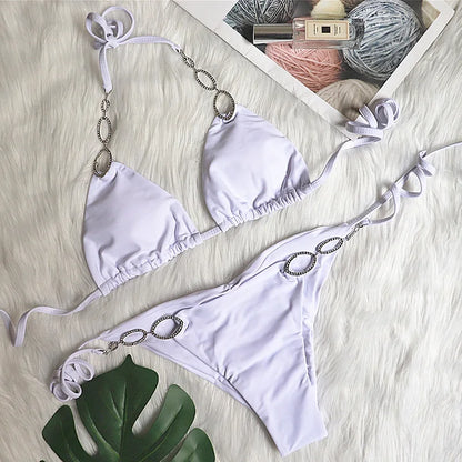 Halter Diamond Bikini Women Swimsuit Female Metal Chains Swimwear Two Pieces Bikini set Brazilian Bather Bathing Suit Swim