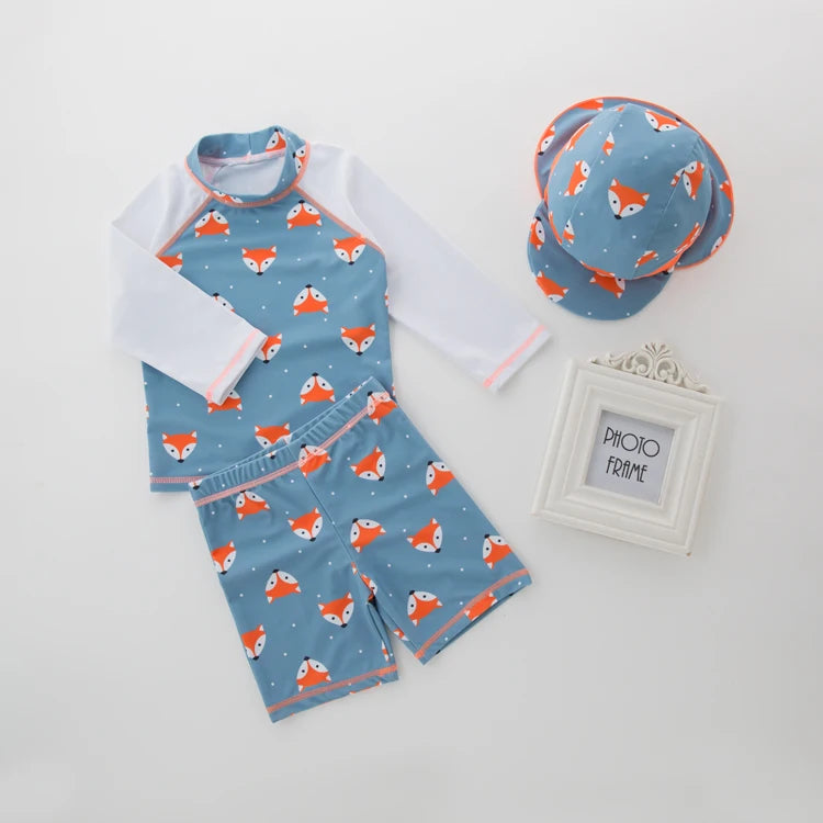 Boys' Cartoon Rash Guard Swim Set with Shorts & Hat