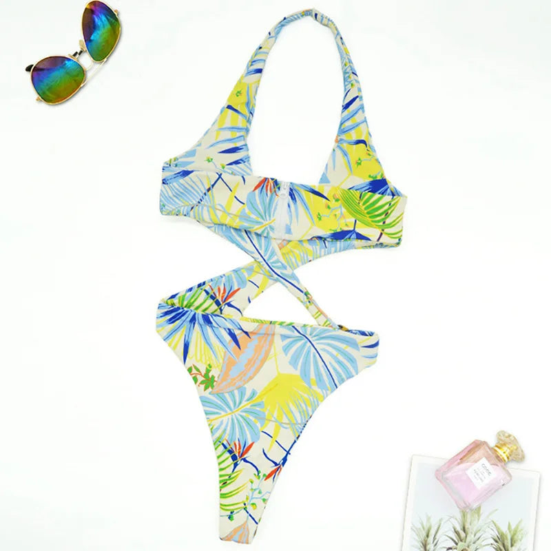 High Cut Out Halter Female Swimwear One Piece Swimsuit Women Cross Bandage Monokini Bather Bathing Suit Swim Bodysuit