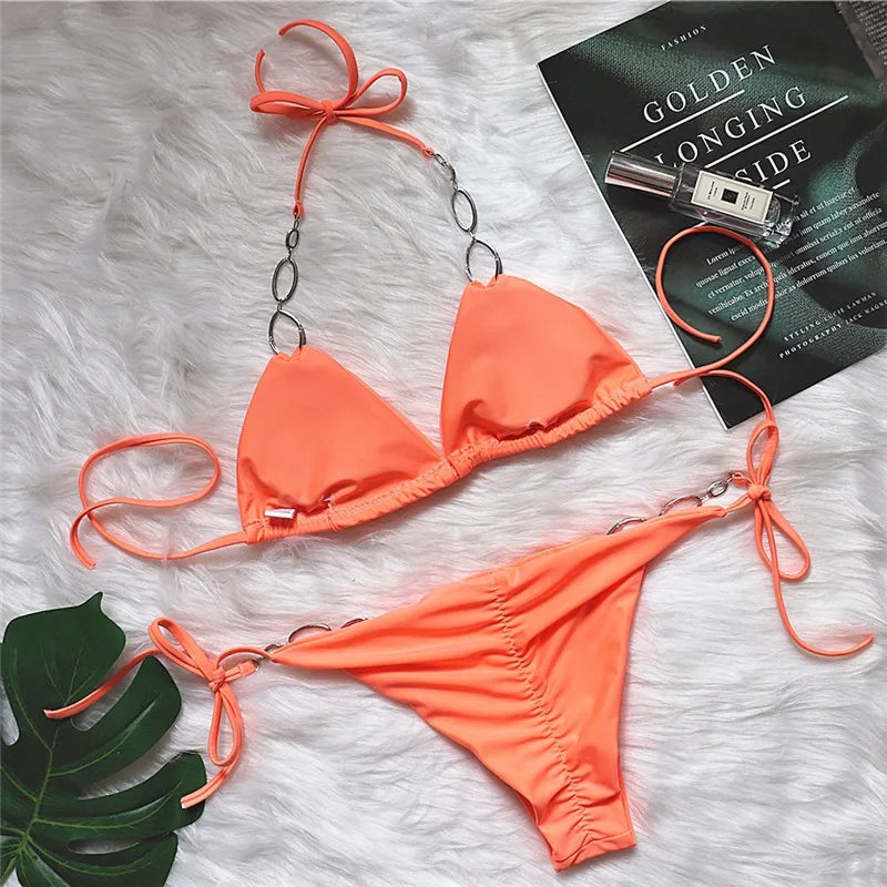 Halter Diamond Bikini Women Swimsuit Female Metal Chains Swimwear Two Pieces Bikini set Brazilian Bather Bathing Suit Swim