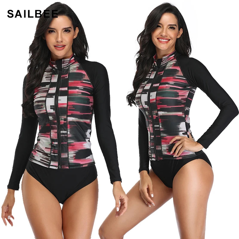 Women Long Sleeve Zipper Rash guard Shirt Swimsuit Swimwear Surfing Top Rash Guard UPF50+ Running Shirt Biking Shirt